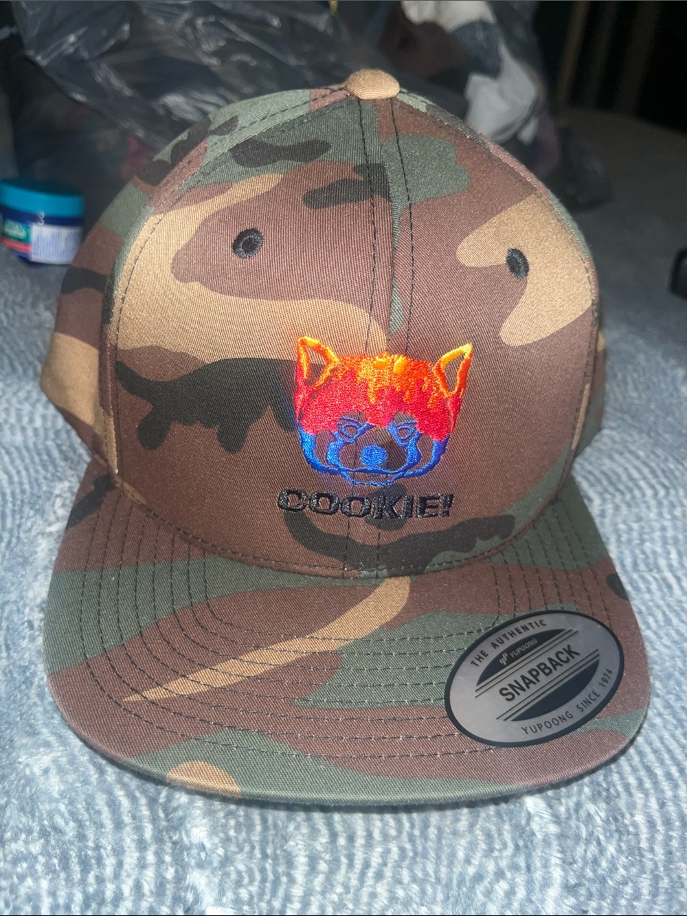 Camo Snapback Hat with Multicolor Dog Patch - COOKIE!